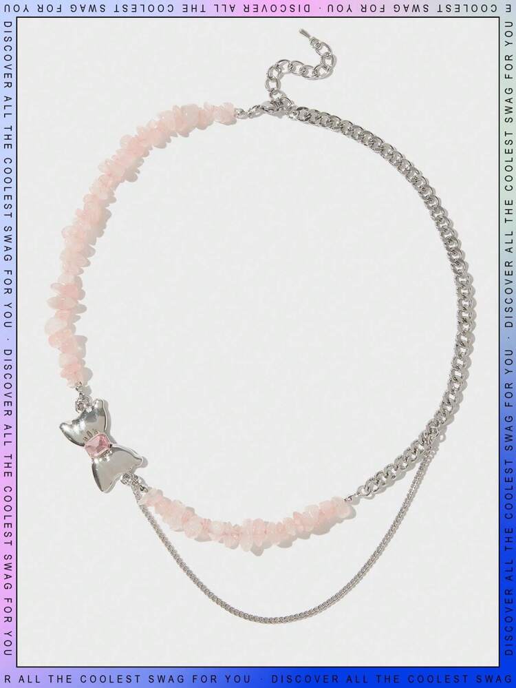 1pc pink stone chain pendant necklace with bow