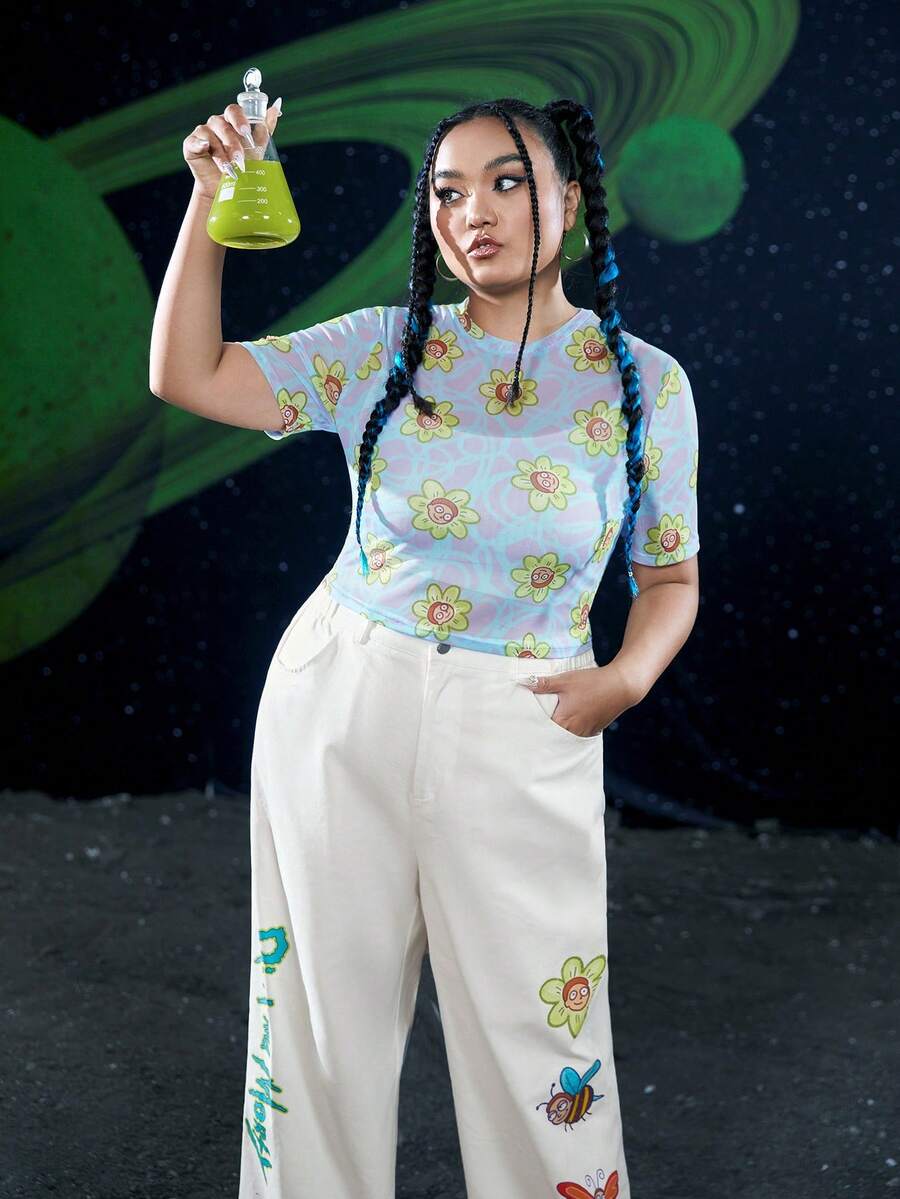Rick and Morty X SHEIN Hơn Hoạt hình Và In hoa Lưới Áo Không có áo ngực - Nhiều màu - Xem 1