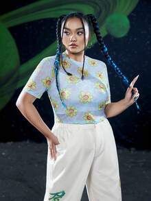 Rick and Morty X SHEIN Hơn Hoạt hình Và In hoa Lưới Áo Không có áo ngực - Nhiều màu - Xem 3