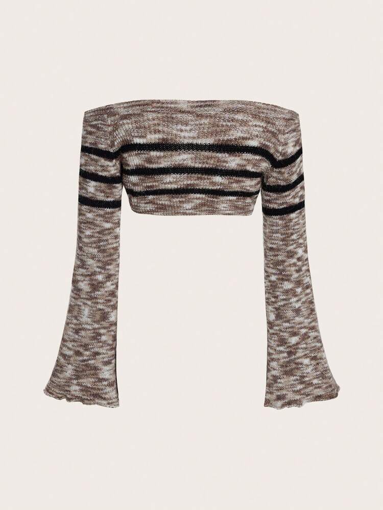 Space Dye Off Shoulder Trumpet Sleeve Crop Sweater