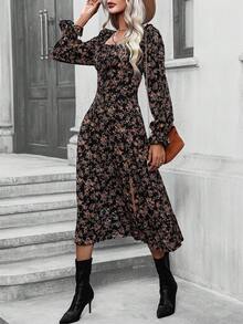 SHEIN Clasi Floral Print Flare Sleeve Split Thigh Dress - Multicolor - View 5