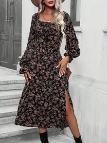 SHEIN Clasi Floral Print Flare Sleeve Split Thigh Dress - Multicolor - View 6