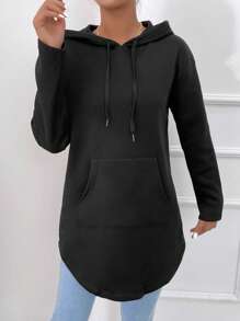 SHEIN Essnce Kangaroo Pocket Drop Shoulder Drawstring Hoodie - Black - View 2
