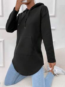 SHEIN Essnce Kangaroo Pocket Drop Shoulder Drawstring Hoodie - Black - View 3