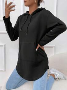 SHEIN Essnce Kangaroo Pocket Drop Shoulder Drawstring Hoodie - Black - View 4