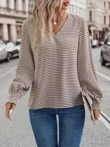 EMERY ROSE Allover Print Lantern Sleeve Blouse,Long Sleeve Tops Fall Cloth For Women - Multicolor - View 4