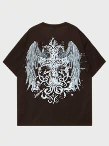 Grunge Punk Men Cross & Wings Print Tee - Chocolate Brown - View 1