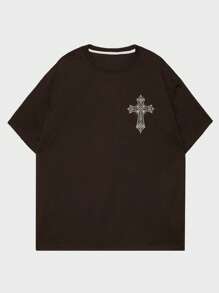 Grunge Punk Men Cross & Wings Print Tee - Chocolate Brown - View 2