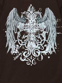 Grunge Punk Men Cross & Wings Print Tee - Chocolate Brown - View 3