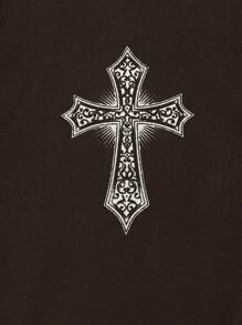 Grunge Punk Men Cross & Wings Print Tee - Chocolate Brown - View 4