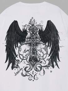 ROMWE MEN Goth Camiseta con estampado de alas para hombre, escuela - Blanco - Ver 3