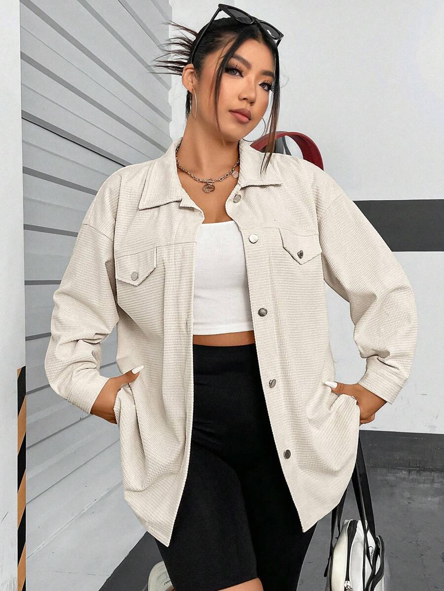 Flirla Hơn Chi tiết về Flap Thả vai Áo khoác vải nhung - Màu be - Xem 1