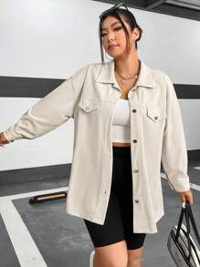 Flirla Hơn Chi tiết về Flap Thả vai Áo khoác vải nhung - Màu be - Xem 3