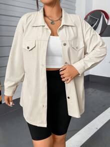 Flirla Hơn Chi tiết về Flap Thả vai Áo khoác vải nhung - Màu be - Xem 4