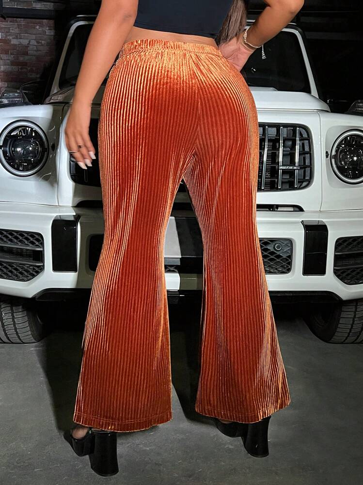 SHEIN ICON מכנסי רגליים מתלקחות במידות גדולות - כתום חלוד - ראה 2