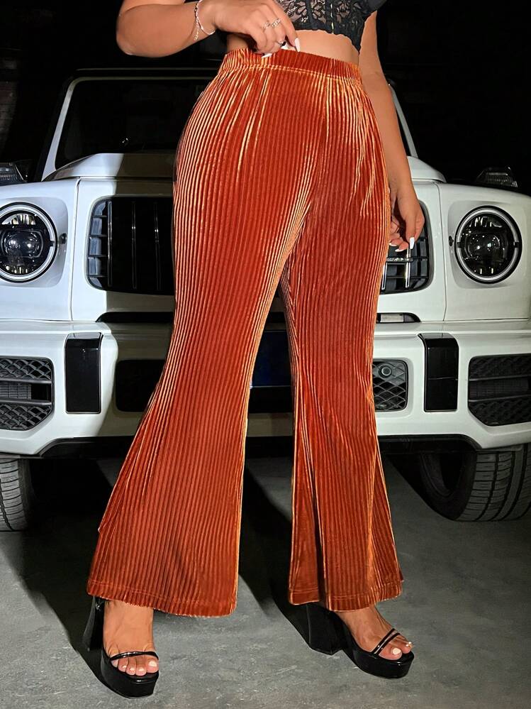 SHEIN ICON מכנסי רגליים מתלקחות במידות גדולות - כתום חלוד - ראה 4