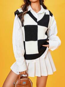 SHEIN Qutie 棋盤格圖案毛衣背心 - 黑與白 - 查看 3