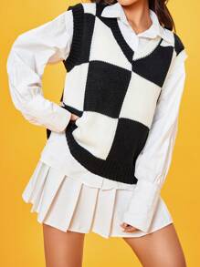 SHEIN Qutie 棋盤格圖案毛衣背心 - 黑與白 - 查看 4