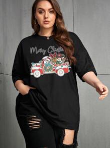 SHEIN EZwear Plus Christmas Print Drop Shoulder Tee - Black - View 1