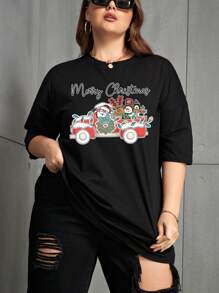 SHEIN EZwear Plus Christmas Print Drop Shoulder Tee - Black - View 4