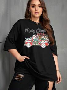 SHEIN EZwear Plus Christmas Print Drop Shoulder Tee - Black - View 5