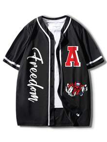 Manfinity EMRG 男士字母圖案拼接滾邊襯衫不帶T恤 - 黑色 - 查看 4