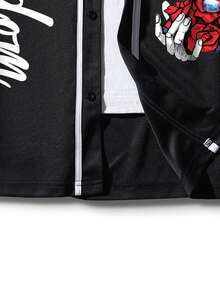 Manfinity EMRG 男士字母圖案拼接滾邊襯衫不帶T恤 - 黑色 - 查看 7