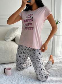 RueChic Cartoon And Slogan Graphic PJ Set - Multicolor - View 1