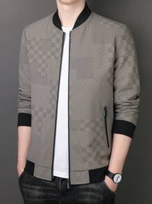 Men Long Sleeve Plaid Print Zip Up Bomber Jacket, Fall - Khaki - View 1