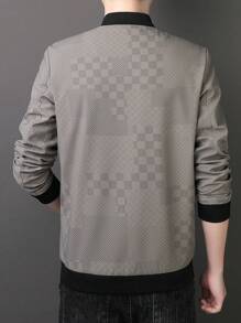 Men Long Sleeve Plaid Print Zip Up Bomber Jacket, Fall - Khaki - View 2