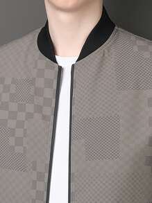 Men Long Sleeve Plaid Print Zip Up Bomber Jacket, Fall - Khaki - View 3