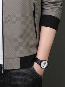 Men Long Sleeve Plaid Print Zip Up Bomber Jacket, Fall - Khaki - View 4