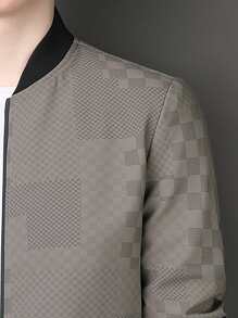 Men Long Sleeve Plaid Print Zip Up Bomber Jacket, Fall - Khaki - View 5