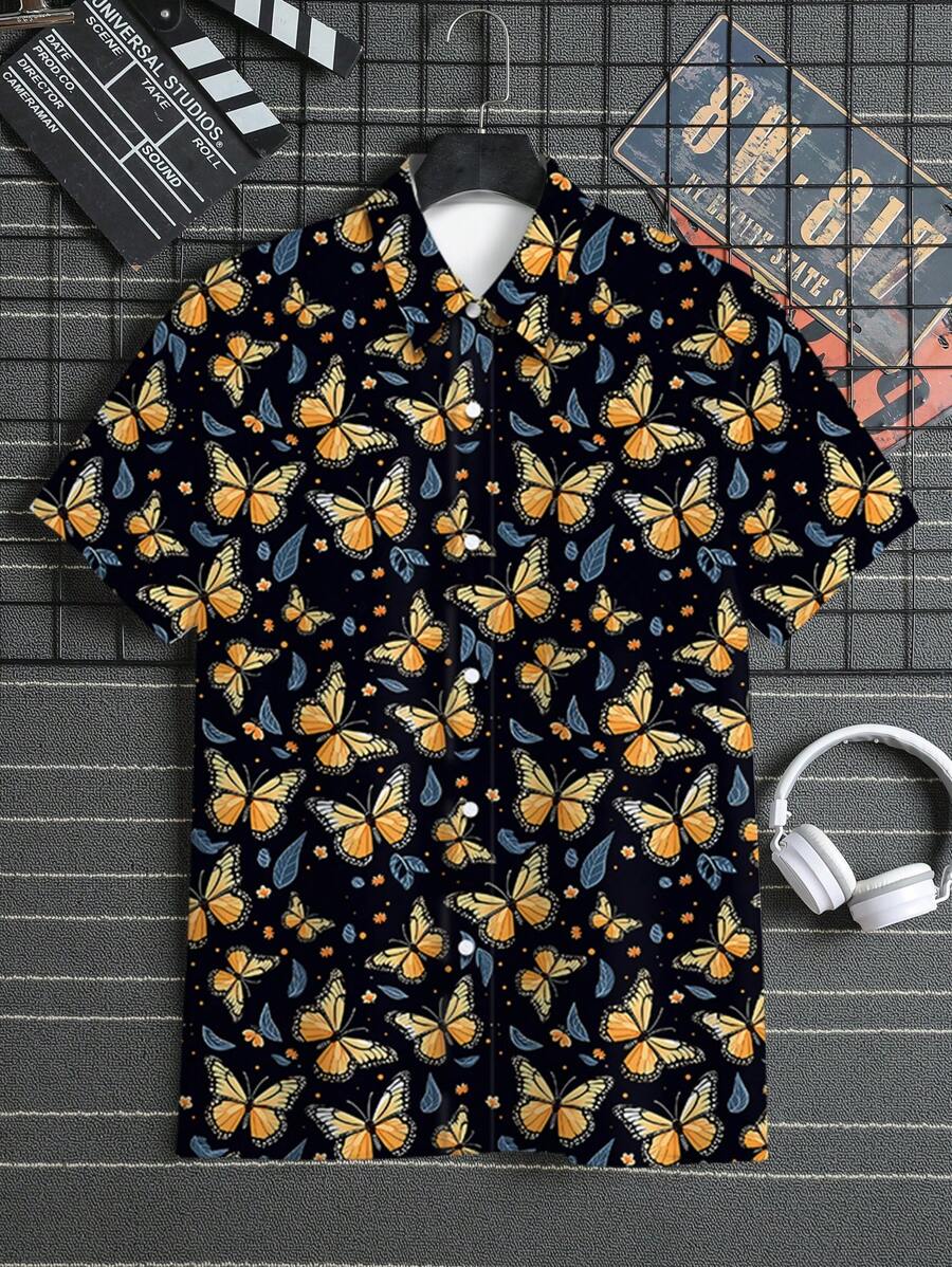 Hombres Camisa con estampado de mariposa - Negro - Ver 1