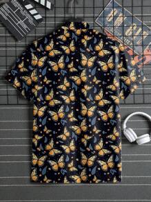Hombres Camisa con estampado de mariposa - Negro - Ver 2