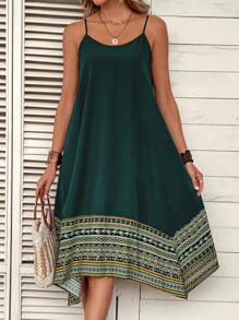 SHEIN VCAY Geo Print Cami Dress - Dark Green - View 4