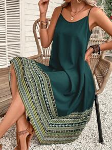 SHEIN VCAY Geo Print Cami Dress - Dark Green - View 5
