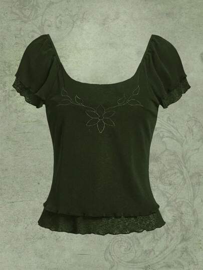 Fairycore Floral Print Lettuce Trim Top