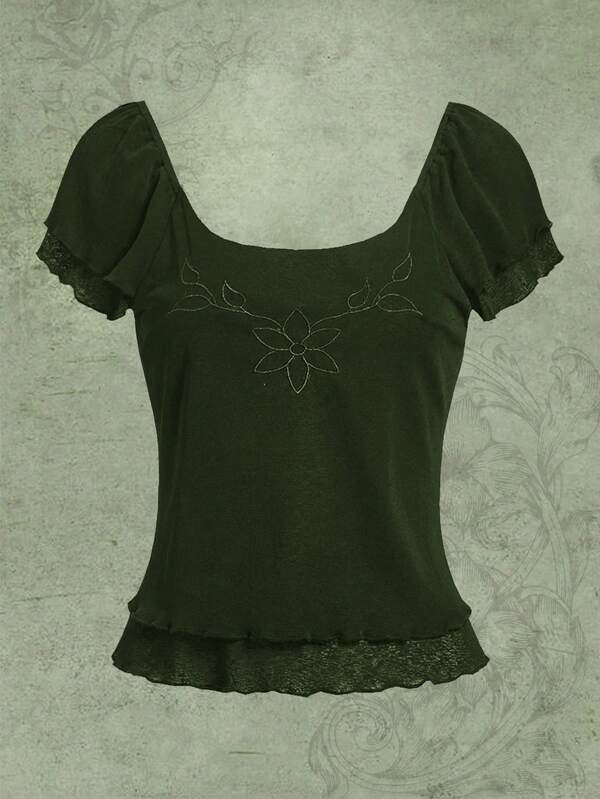 Fairycore Floral Print Lettuce Trim Top