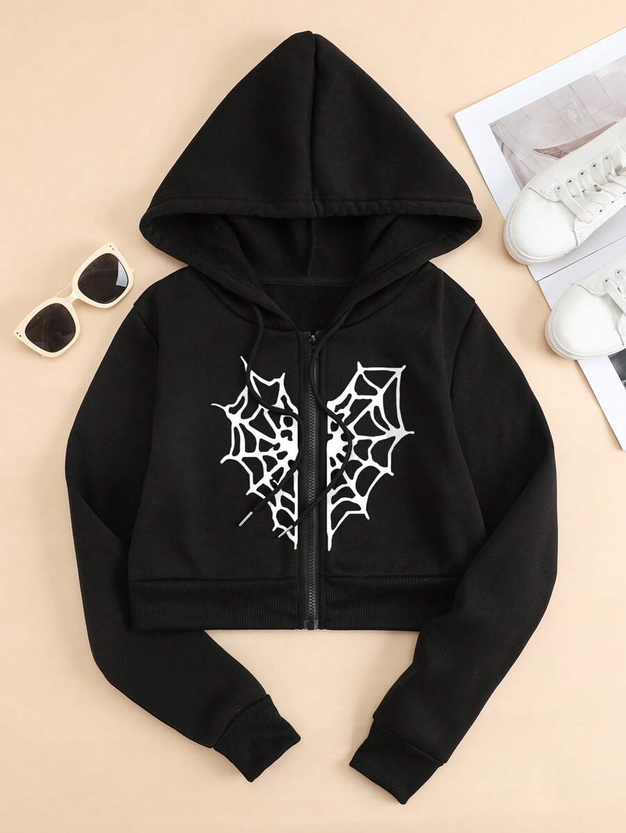 SHEIN EZwear 蜘蛛網印花拉鏈開襟加絨內裏短款抽繩連帽衫 - 黑色 - 查看 1