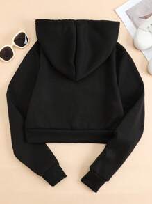 SHEIN EZwear 蜘蛛網印花拉鏈開襟加絨內裏短款抽繩連帽衫 - 黑色 - 查看 2