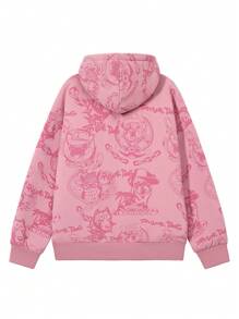Men Cartoon Graphic Zip Up Drawstring Hooded Thermal Lined Sweatshirt - Pink - View 2