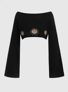ROMWE Hippie Sun Embroidery Crop Sweater - Black - View 1