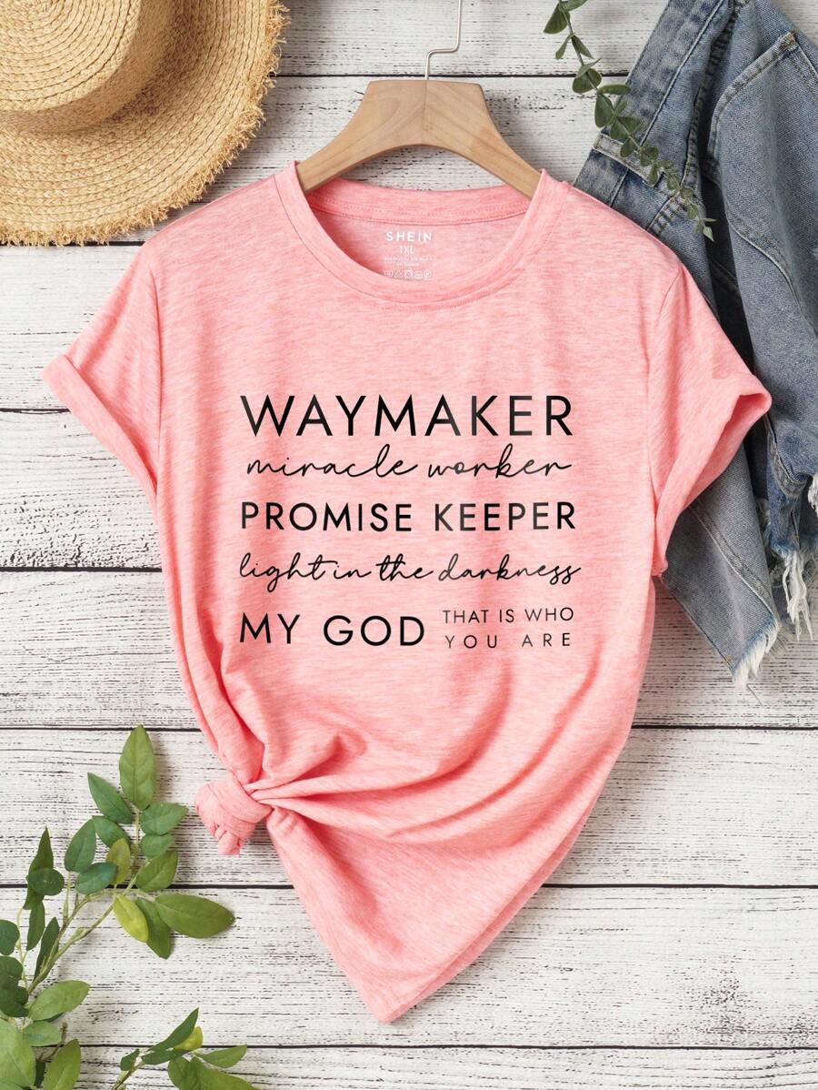 INAWLY Áo thun họa tiết khẩu hiệu Plus cho mùa hè - Màu Hồng  San hô - Xem 1