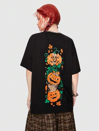 Fairycore Camiseta oversize con estampado de calabaza de Halloween