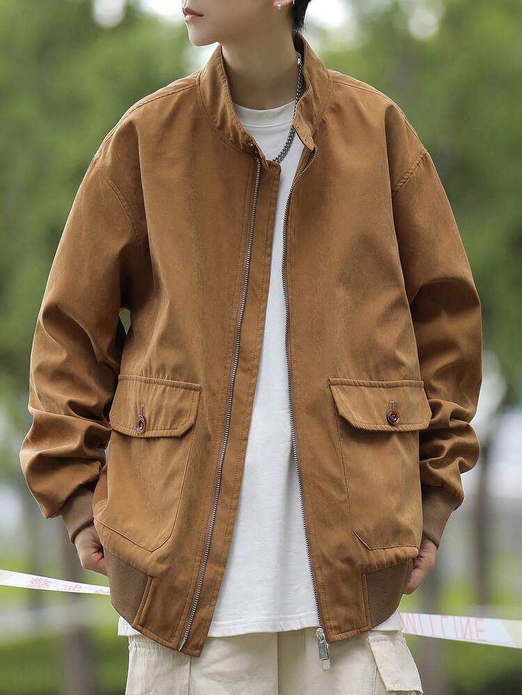Loose Fit Men's Flap Pocket Zipper Jacket (Without T-Shirt)