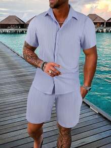 Manfinity Homme Men Solid Button Up Shirt & Shorts - Violet Purple - View 1