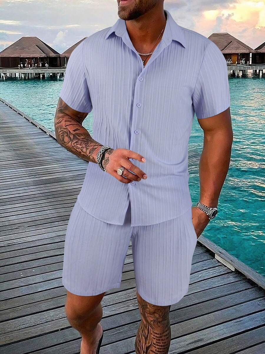 Manfinity Homme Men Solid Button Up Shirt & Shorts - Violet Purple - View 1