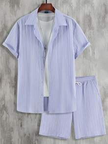 Manfinity Homme Men Solid Button Up Shirt & Shorts - Violet Purple - View 7