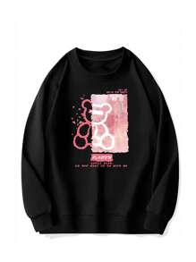 男士熊和標語圖案運動衫 - 黑色 - 查看 1